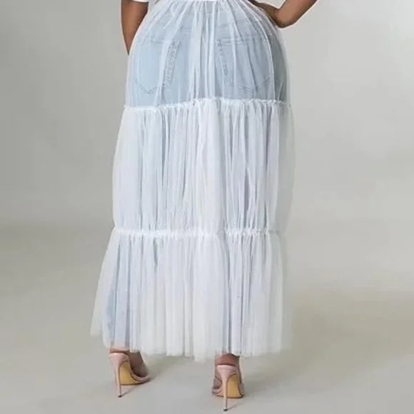 New White Mesh See-Through Shirt Long Dress with Belt V Neck Button Down - Picture 4 of 8